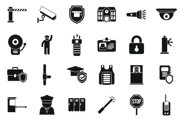 School security guard icons set simple vector CCtv agent Monitor safety