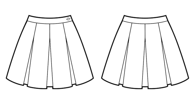 School skirt with four folds fashion flat sketch front and back view