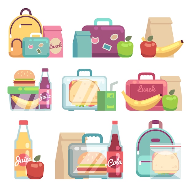 School snacks bags. Healthy food in kids lunch boxes set. 