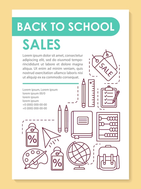 School stationery sale brochure template layout. Discount offers. Flyer, booklet, leaflet print design with linear illustrations. Vector page layouts for magazines, annual reports, advertising posters