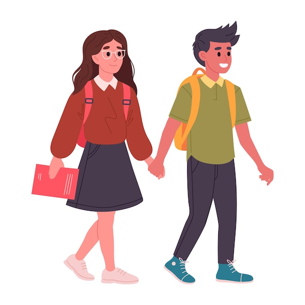 School students couple Junior high school students with backpacks and books going to school flat vector illustration School friends couple