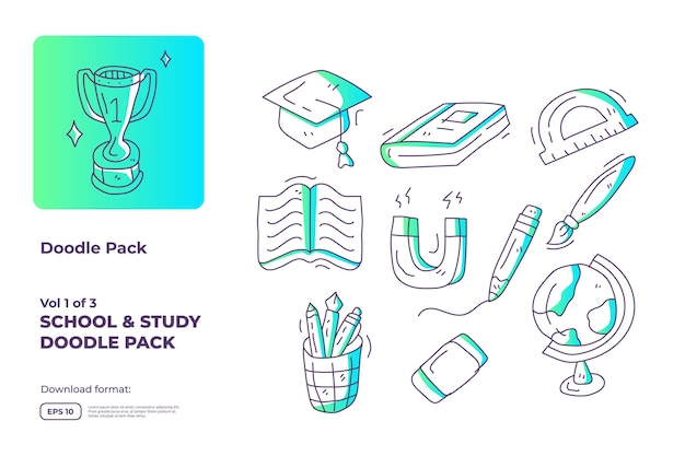 School and study doodle icon illustration set with gradient color line style vector illustration