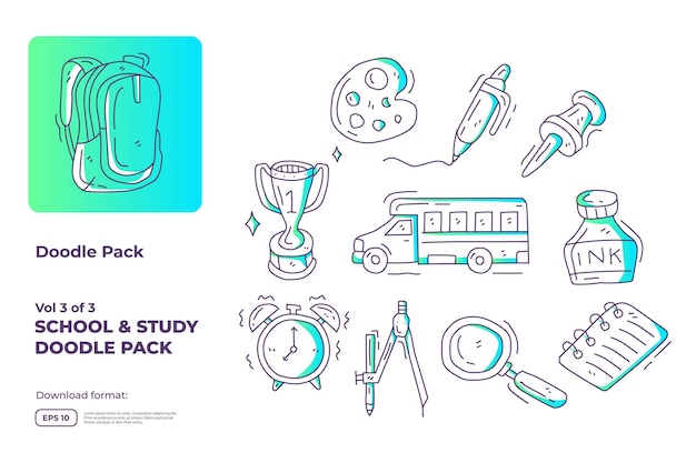 School and study doodle icon illustration set with gradient color line style vector illustration