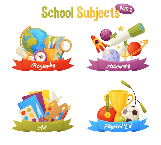 School subjects set include vector cartoon elements: globe, map, compass, planets, rocket, telescope, paper, paint, balls, cup. Geography, astronomy, art, physical education.