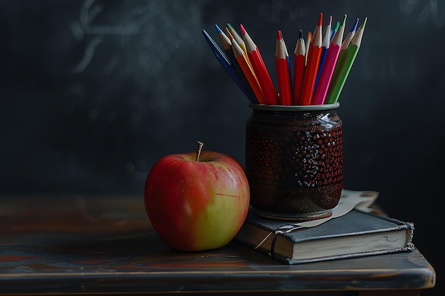 School supplies and apple on table Back to school concept