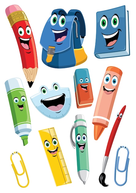 School supplies cartoon characters set