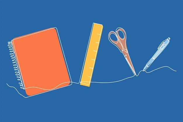 School supplies drawn in one line on a blue background back to school vector illustration