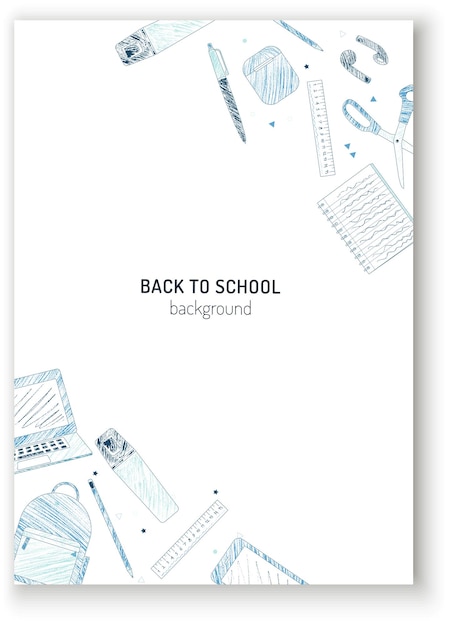 School supplies and elearning items sketch style blue coloring pencils design for a vertical poster