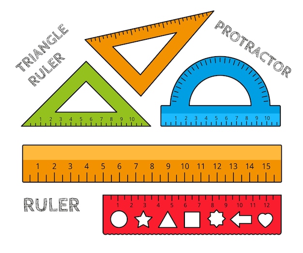 School supplies, five different rulers, a colorful set.