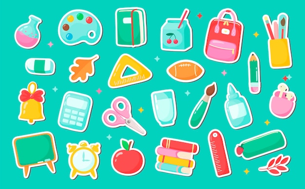 School supplies set Cartoon objects and accessories include books backpack ball alarm clock ruler notebook apple palette bell pencil case glue pencil pen scissors brush headphones