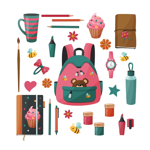 School supplies set for girl. Goods for creativity and study