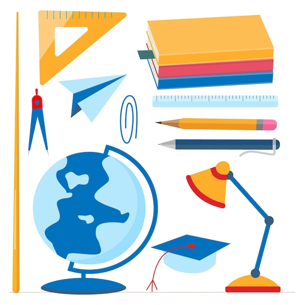 School supplies set. Globe, textbooks, pointer, compass, pen pencil ruler Flat design vector illustration