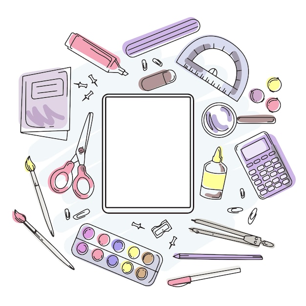 School supplies and stationery with empty sheet of paper with place for text vector  illustration