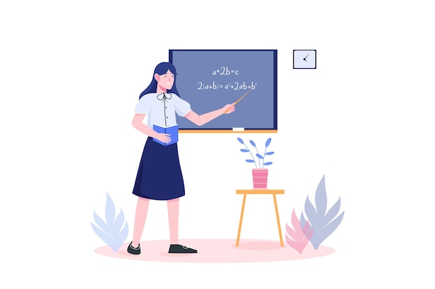 School teacher concept with people scene in flat cartoon design Teacher explains the mathematical