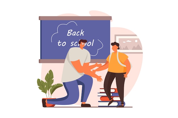 Vector school teacher web concept in flat design teacher greets student with beginning of school year