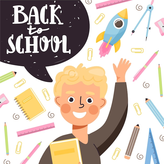 school time banner template young boy character with books waving hand