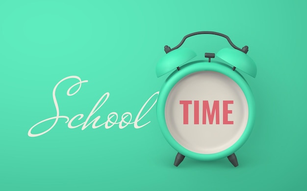 School time promo banner design Cute 3d alarm clock 3d realistic table clock with shaddow Vector illustration