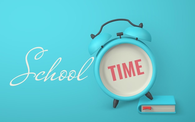 School time promo banner design Cute 3d alarm clock and book Vector illustration