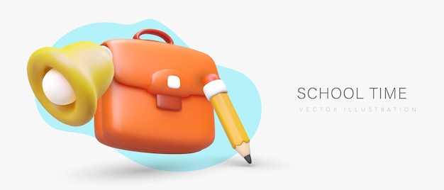 Vector school time volumetric briefcase pencil bell in plasticine style