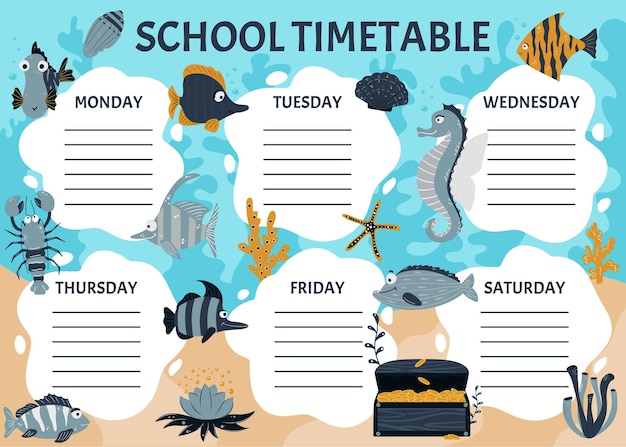 School timetable of classes in elementary school Weekly planner template with cartoon sea animals Vector graphics in cartoon style