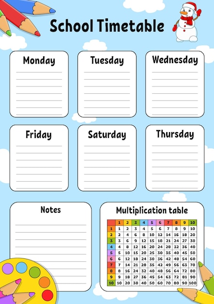 School timetable For the education of children Isolated on color background With a cute cartoon character Vector illustration