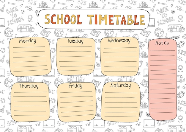 School timetable hand drawn design Vector planner template for students Funny doodle school schedule Kids outline background