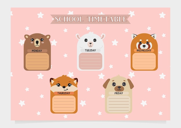 School timetable for kids with cute animals Vector illustration Cute bear alpaca red panda fox and pug