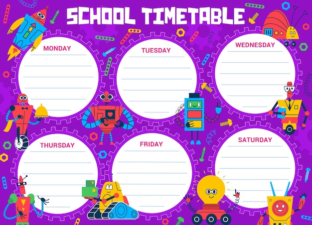 School timetable schedule cartoon robots droids