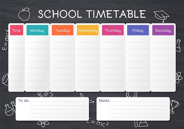 School timetable. Schedule for kids. Student plan template on blackboard with outline school icons. Weekly time table with lessons.