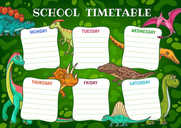 School timetable schedule with cartoon dinosaurs