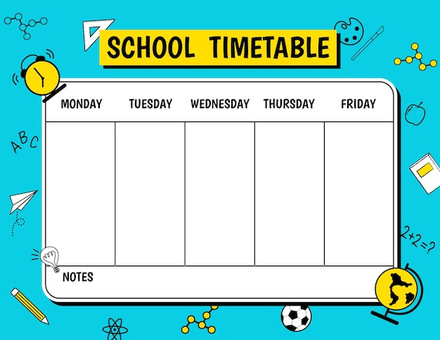 School Timetable schedule with stationery education symbol blue background.