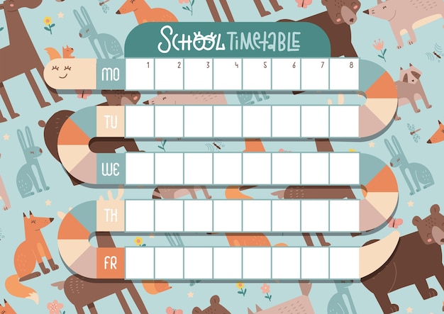 School timetable in snake shape way weekly schedule sheet for school students decorated with autumn