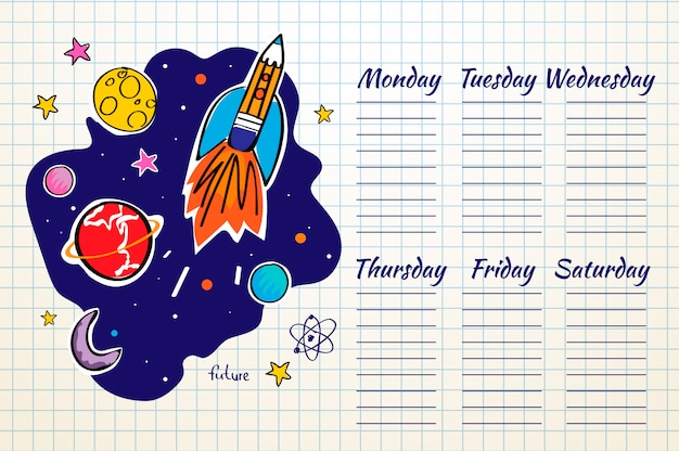 School Timetable space, doodle rocket and planets.