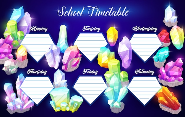 Vector school timetable template with gemstones or minerals.