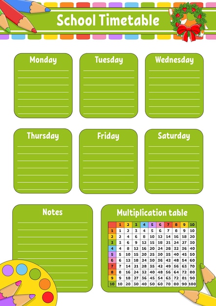 School timetable with multiplication table For the education of children Isolated on a white background