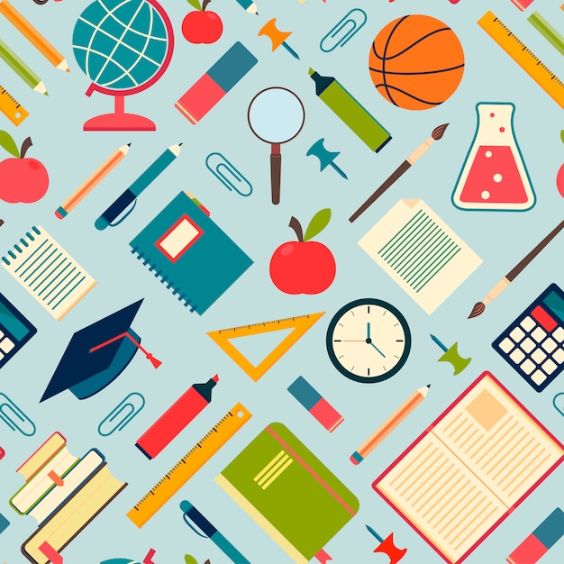 School tools and supplies on a blue background