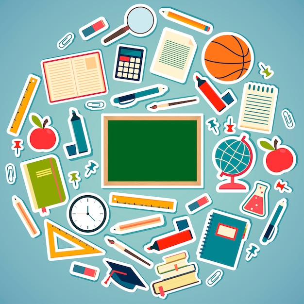 School tools and supplies on a blue background