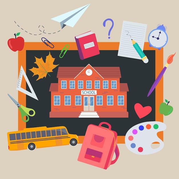 School tools vector illustration Cartoon flat education supplies or tools collection