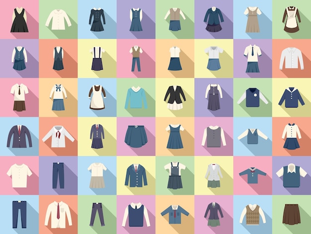 School uniform icons set flat vector Formal general Class apparel