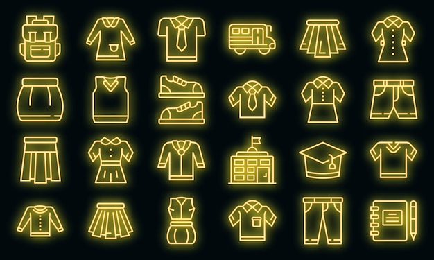 School uniform icons set. Outline set of school uniform vector icons neon color on black