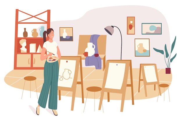 School web concept. Woman drawing in art studio. Student studies subject in lesson in class. Professional art education