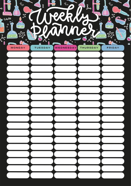 School weekly planner template with chemistry laboratory elements timetable for students or pupils w