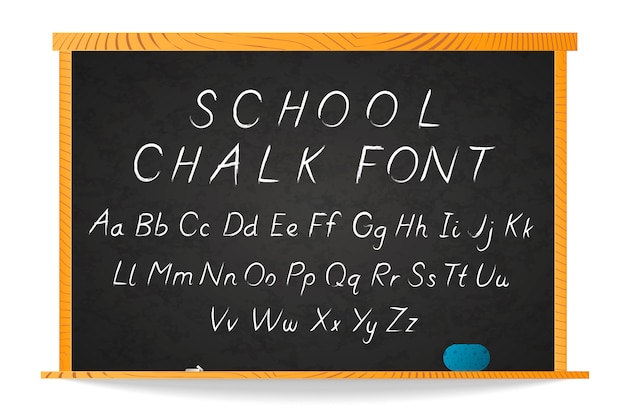 School white chalk hand-drawn cursive font on chalkboard in wooden frame on white