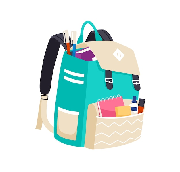 Schoolbag full of school stationery, books and supplies in pockets of backpack. Heavy bag overfilled with notebooks and pens. Flat vector illustration of knapsack isolated on white background.