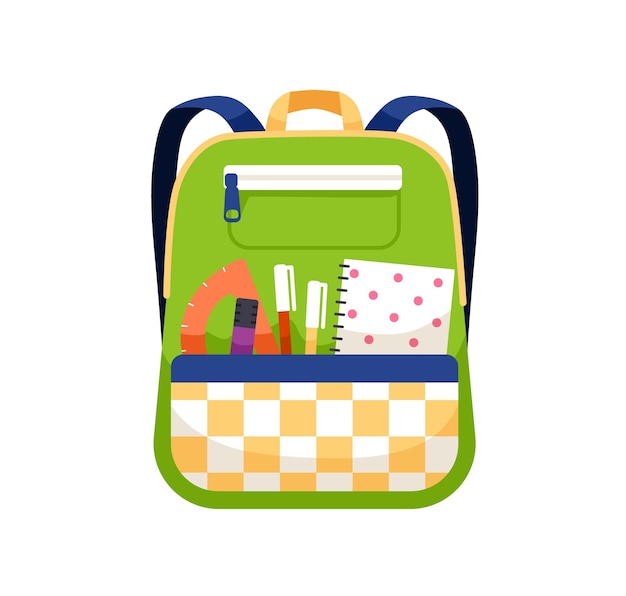 Schoolbag with school stationery. Kids bag with schoolchilds supplies and accessories in pocket. Packed backpack with pens and notebook. Colored flat vector illustration isolated on white background