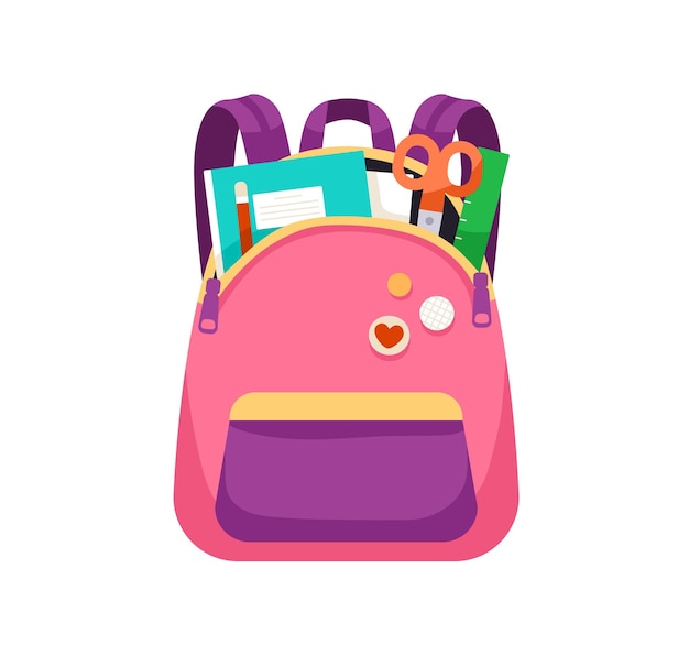 Schoolbag with stationery in open pocket. Front view of girlish school bag packed with pens and notebooks. Kids backpack. Knapsack with badges. Flat vector illustration isolated on white background