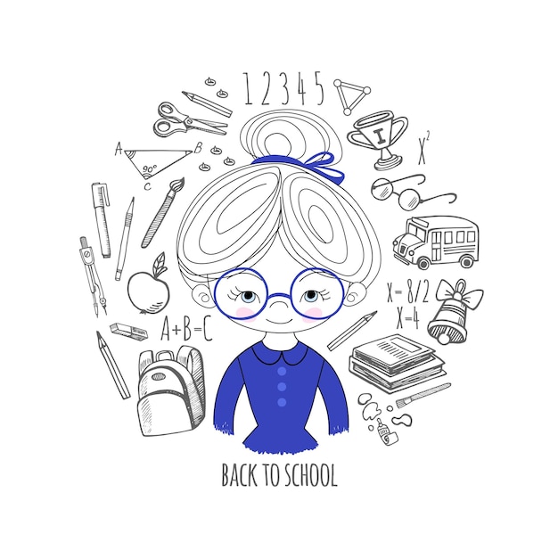 Schoolgirl blue color on white background in a circle vector illustration Background School