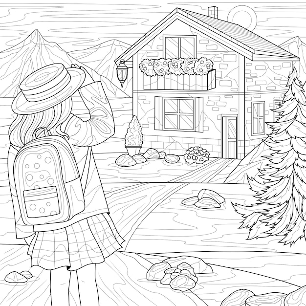 Schoolgirl come home The girl and the house in the mountainsColoring book antistress for children and adults