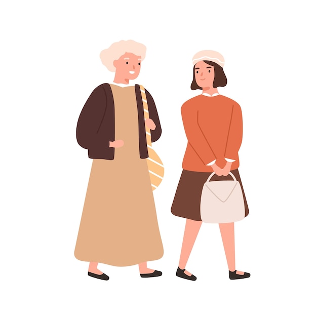 Schoolgirl and grandmother going to primary school together vector flat illustration. Girl student or pupil hurry to lesson with grandma isolated on white. Old woman accompany to cheerful female kid.