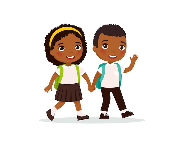 Schoolmates going to school Couple pupils in uniform holding hands Happy dark skin pupils